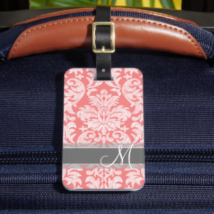 Étiquette À Bagage Modèle moderne dentelle Damas - Corail et gris