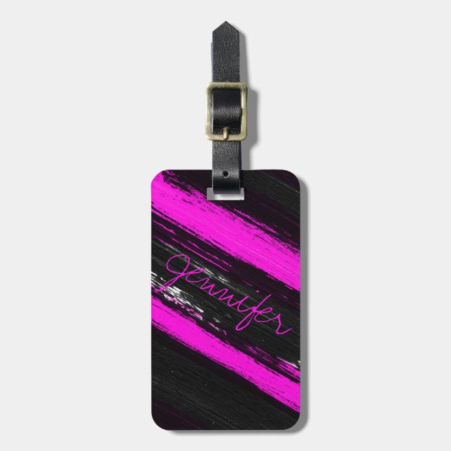 Étiquette À Bagage Modern black neon pink brushstrokes monogram lugga (Devant Vertical)