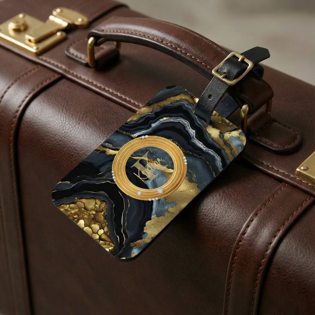 Étiquette À Bagage Modern Luxe Black Gold Agate Marble Monogram (Créateur téléchargé)