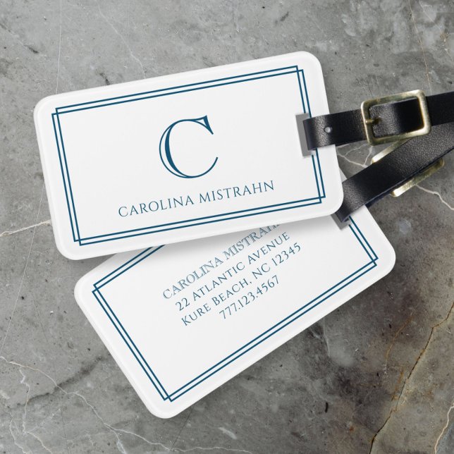 Étiquette À Bagage Modern Monogram Navy Blue Double Border (Créateur téléchargé)