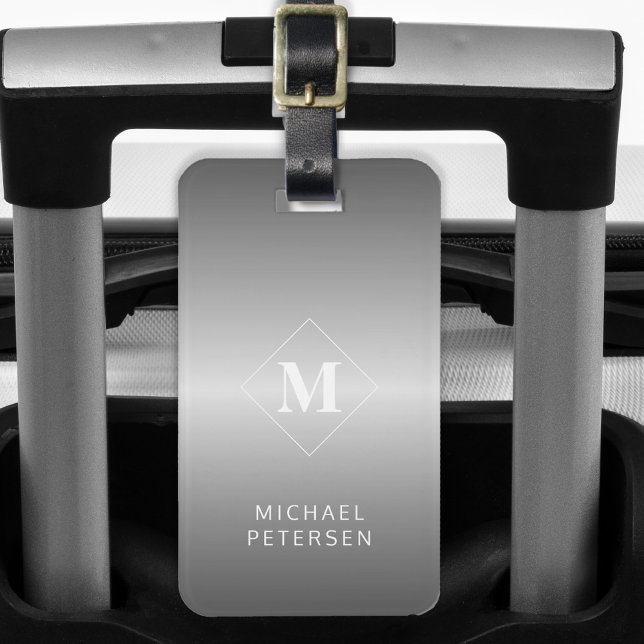 Étiquette À Bagage Modern silver brushed metal monogrammed (Créateur téléchargé)
