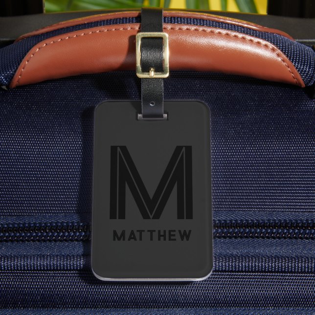 Étiquette À Bagage Moderne Black Grey Ajouter un nom Monogramme Perso (Insitu Rectoal 2)