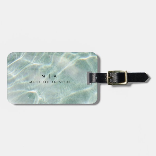 Étiquette À Bagage Moderne Bleu clair Calme Océan Monogramme Personna (Devant horizontal)