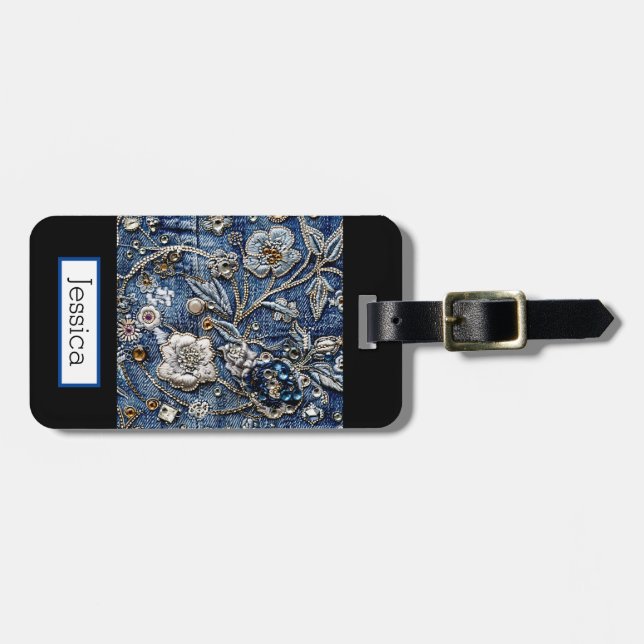 Étiquette À Bagage Moderne Denim Jeans Floral (Devant horizontal)