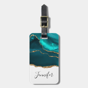 Étiquette À Bagage Moderne Design Turquoise Agate & Gold Ribbon sur B