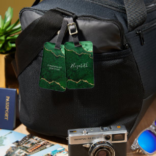 Étiquette À Bagage Moderne Elégant Aquarelle Marbre Géode Vert Or