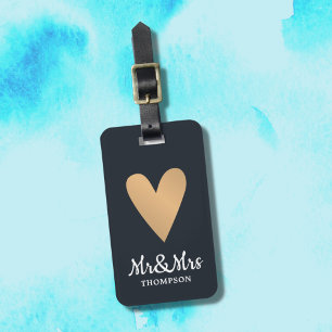 Étiquette À Bagage Moderne Elégant Faux foncé coeur or M&Mme