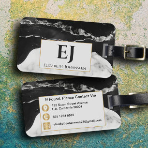 Étiquette À Bagage Moderne élégant Marbre noir blanc Monogramme Or