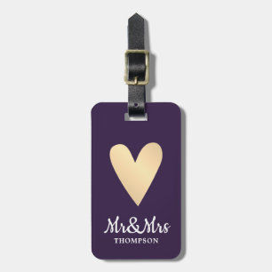 Étiquette À Bagage Moderne Elégant Purple Faux Gold Heart Mr&Mrs.