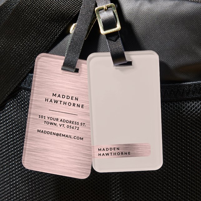 Étiquette À Bagage Moderne Élégant Simple Faux Rose Or brossé Métal (Créateur téléchargé)
