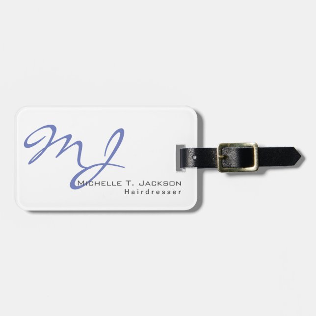 Étiquette À Bagage Moderne et élégant Monogramme Bleu Coiffeur blanc (Devant horizontal)
