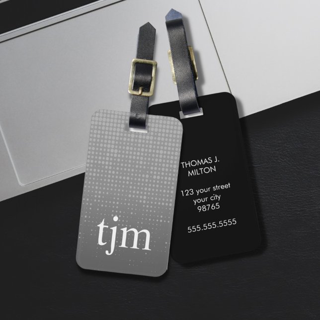 Étiquette À Bagage Moderne Faux Argent Noir Gras Monogramme (Créateur téléchargé)