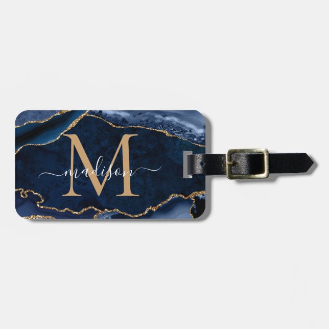 Étiquette À Bagage Moderne Marine Blue Gold Agate Géode Girly Monogra (Devant horizontal)