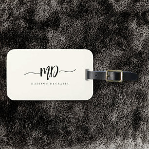 Étiquette À Bagage Moderne Monogramme Brush Script noir ivoire élégan