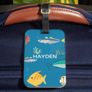 Étiquette À Bagage Moderne Poisson et Hippocampe Bleu Personnalisé