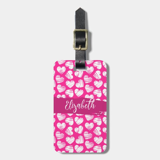 Étiquette À Bagage Moderne rose et blanc Doodled Heart Valentine Nom (Devant Vertical)