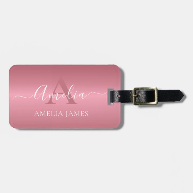 Étiquette À Bagage Moderne Rose Or brossé métal  Monogrammé (Devant horizontal)
