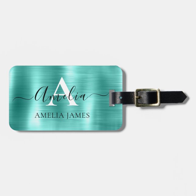 Étiquette À Bagage Moderne Style Turquoise Brossé Métal Monogramme (Devant horizontal)