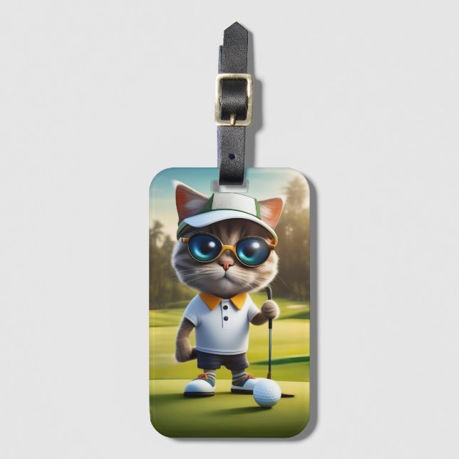 Étiquette À Bagage "Moment de folie : Le swing de golf du chat cool ! (Devant Vertical)