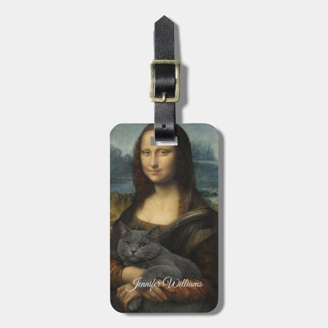 Étiquette À Bagage Mona Lisa Holding Elegant Gray Cat                 (Devant Vertical)