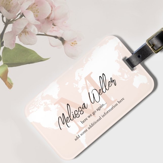 Étiquette À Bagage Monde Carte Pale Blush Rose Voyageur Monogramme (here we go again)