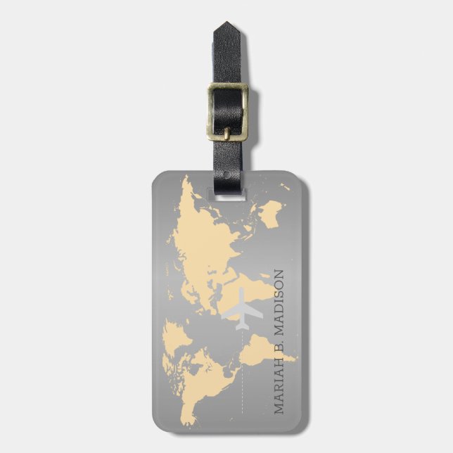 Étiquette À Bagage Monde Carte Voyageur Gold Brush metal Monogramme (Devant Vertical)