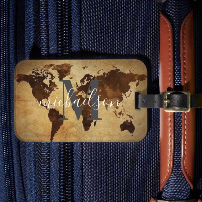 Étiquette À Bagage Monde Carte Voyageur Personnalisé Nom Monogramme L (Insitu Rectoal 4)