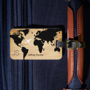 Étiquette À Bagage Monde Élégant Voyageur Monogramme Nom Bois