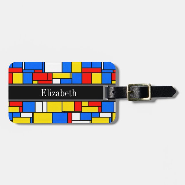 Étiquette À Bagage Mondrik Style Rouge Bleu Jaune Noir Nom Monogramme (Devant horizontal)