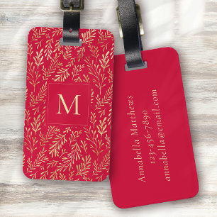 Étiquette À Bagage Monogram Luxury Red Gold Leaf Motif Festive