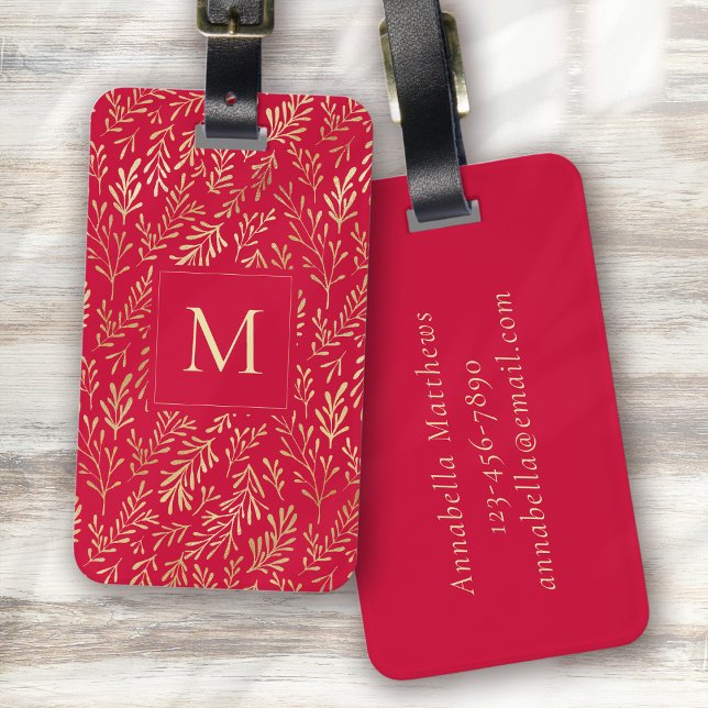 Étiquette À Bagage Monogram Luxury Red Gold Leaf Motif Festive (Créateur téléchargé)