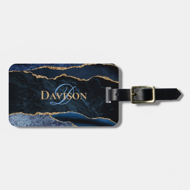 Étiquette À Bagage Monogram Marine Blue Gold Agate Géode élégant (Devant horizontal)