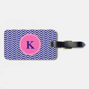Étiquette À Bagage Monogram Navy Blue avec Motif Chevron rose chaud