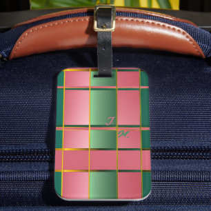 Étiquette À Bagage Monogramme à blocs de couleur rose et vert élégant