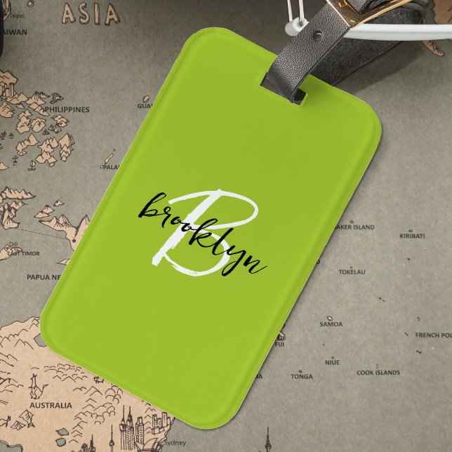 Étiquette À Bagage Monogramme à chaux vert noir blanc tendance (Créateur téléchargé)