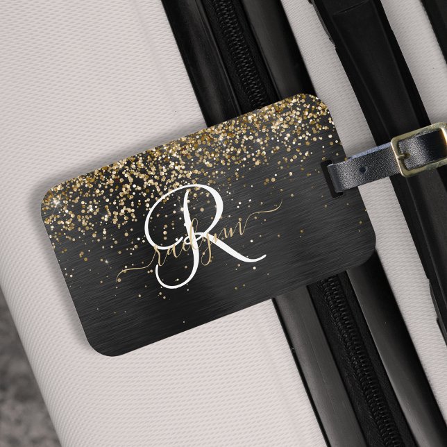Étiquette À Bagage Monogramme à étincelle noire à Parties scintillant (Créateur téléchargé)