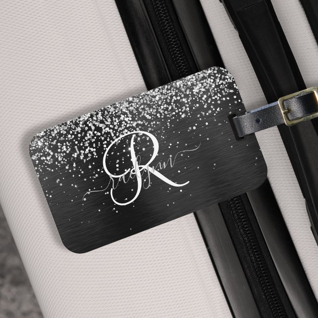 Étiquette À Bagage Monogramme à étincelle noire à Parties scintillant (Créateur téléchargé)