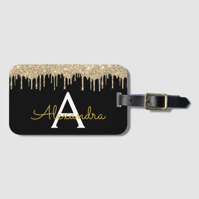 Étiquette À Bagage Monogramme à Parties scintillant noire en or moder (Devant Horizontal)