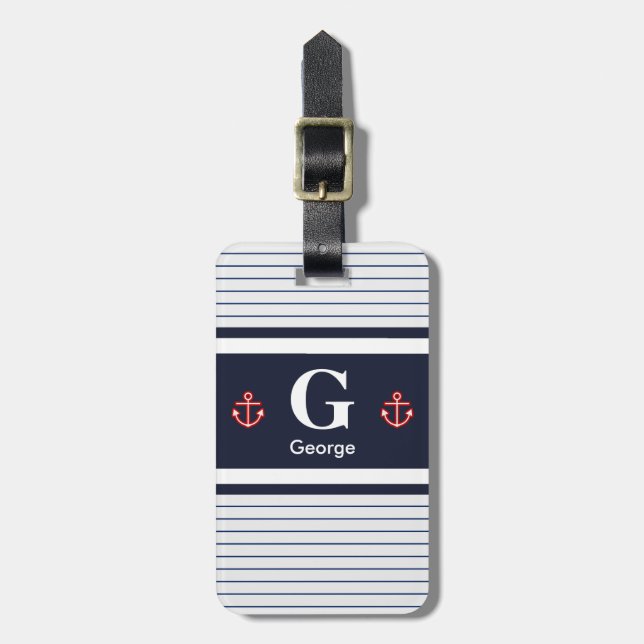 Étiquette À Bagage Monogramme à rayures blanches de la marine nautiqu (Devant Vertical)