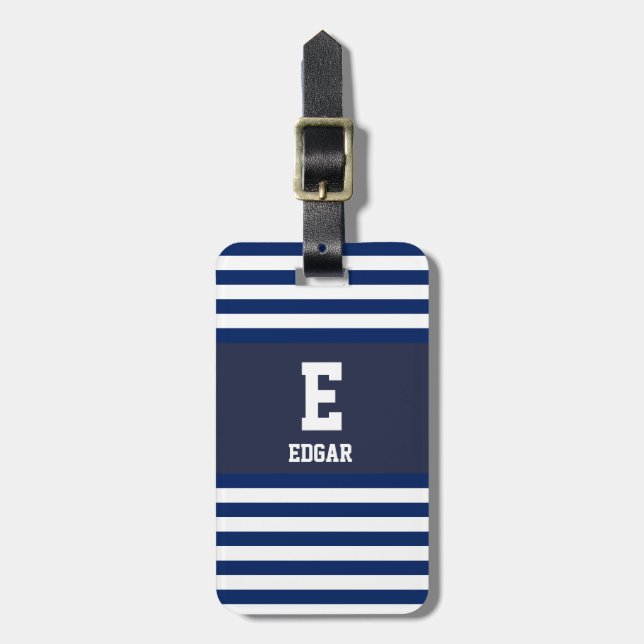 Étiquette À Bagage Monogramme à rayures blanches de la marine nautiqu (Devant Vertical)