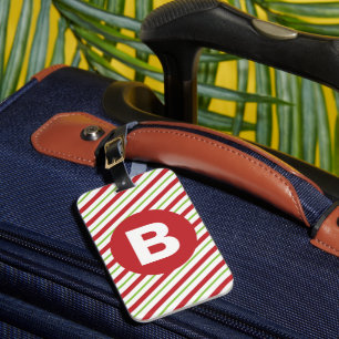 Étiquette À Bagage Monogramme à rayures diagonales rouges et vertes