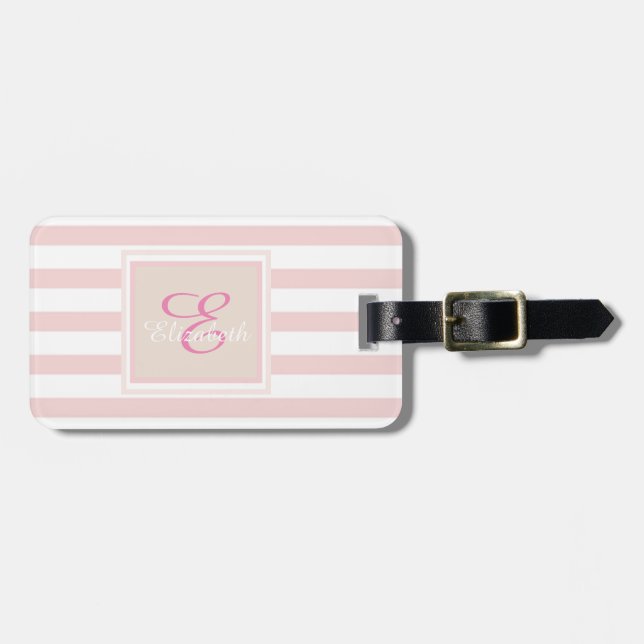 Étiquette À Bagage Monogramme à rayures roses personnalisé (Devant horizontal)
