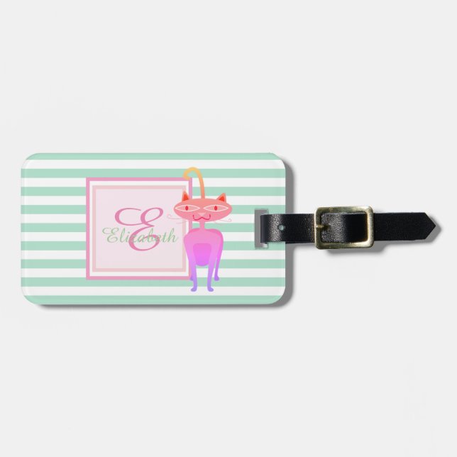 Étiquette À Bagage Monogramme à rayures vertes, Chat - Personnalisé (Devant horizontal)