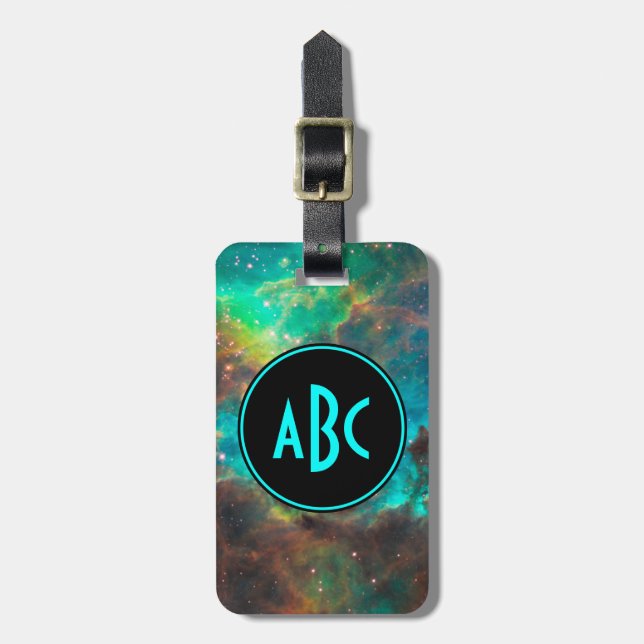 Étiquette À Bagage Monogramme à trois lettres - Noir et Aqua personna (Devant Vertical)