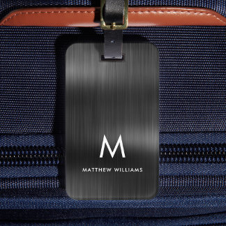 Étiquette À Bagage Monogramme Acier Métal Faux Gris Personnalisé Styl