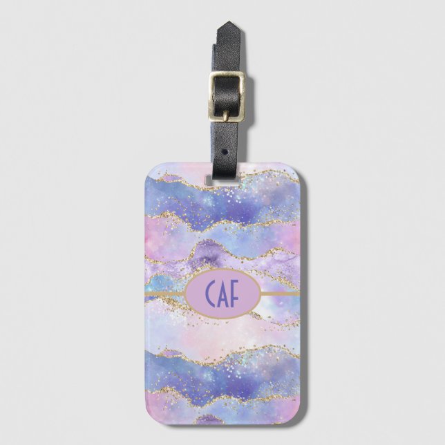 Étiquette À Bagage Monogramme Agate Parties scintillant tendance bleu (Devant Vertical)