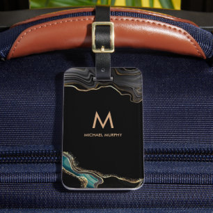 Étiquette À Bagage Monogramme Agent Agate Black Gold Parties scintill