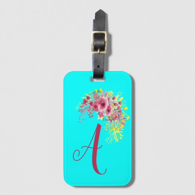 Étiquette À Bagage Monogramme Aqua bleu et fleuri (Devant Vertical)