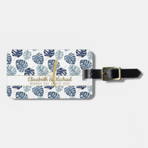 Étiquette À Bagage Monogramme Azure Blue Tropical Feuilles Gold Nouve