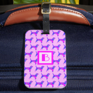Étiquette À Bagage Monogramme beagle Hound Dog rose et bleu silhouett